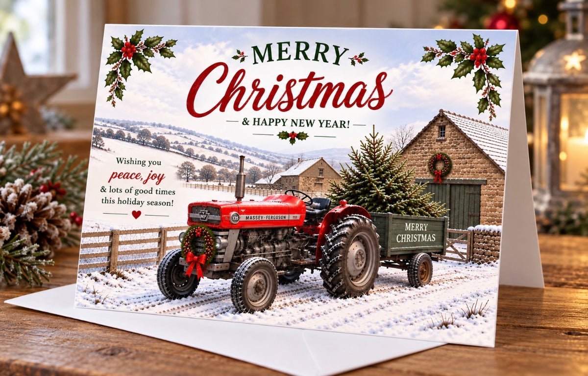 Vintage Red Tractor Christmas Card