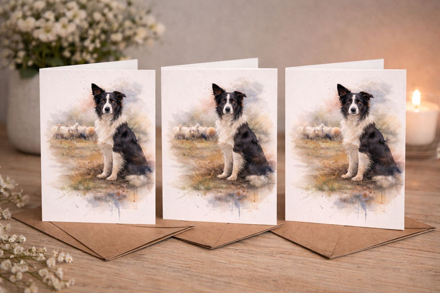 Border Collie (With Sheep Behind) Watercolour Blank Card