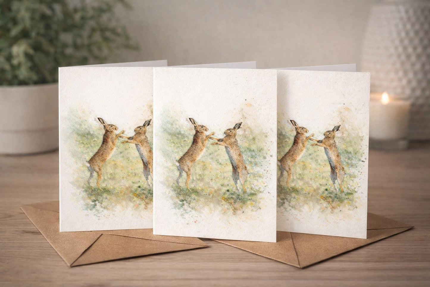 Boxing Hares Watercolour Blank Card