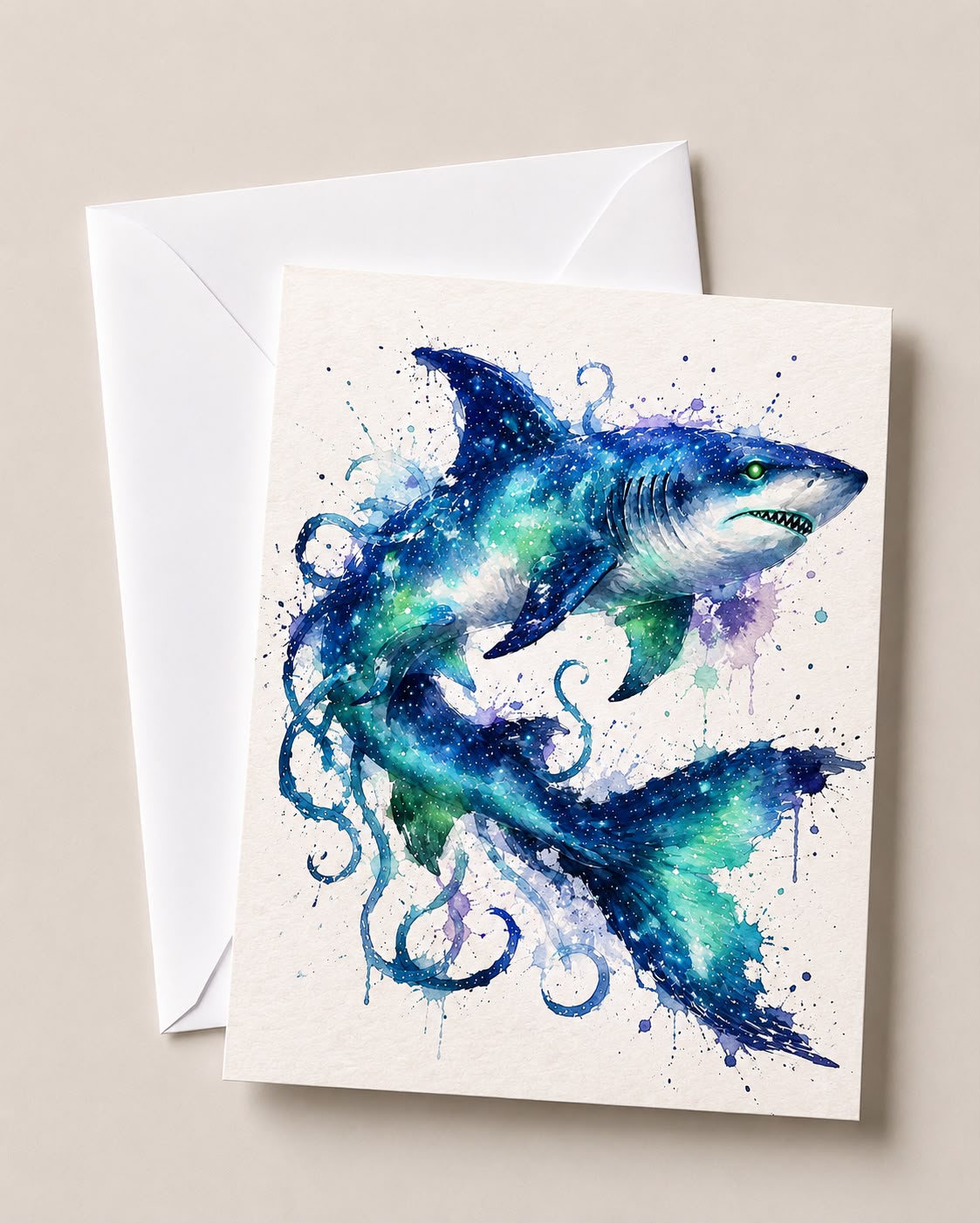 Watercolour Cosmic Shark Card