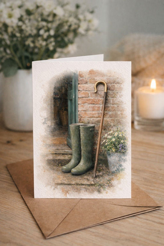 Farm Wellington’s & Walking Stick Watercolour Blank Card