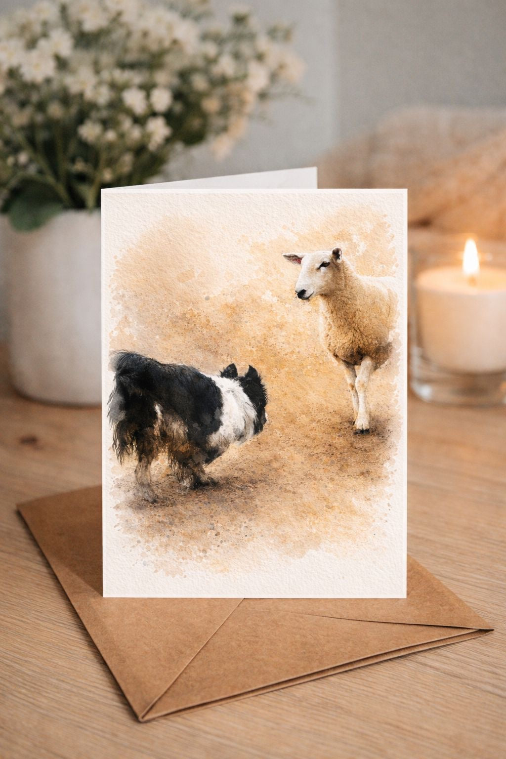 Border Collie & Sheep Watercolour Blank Card