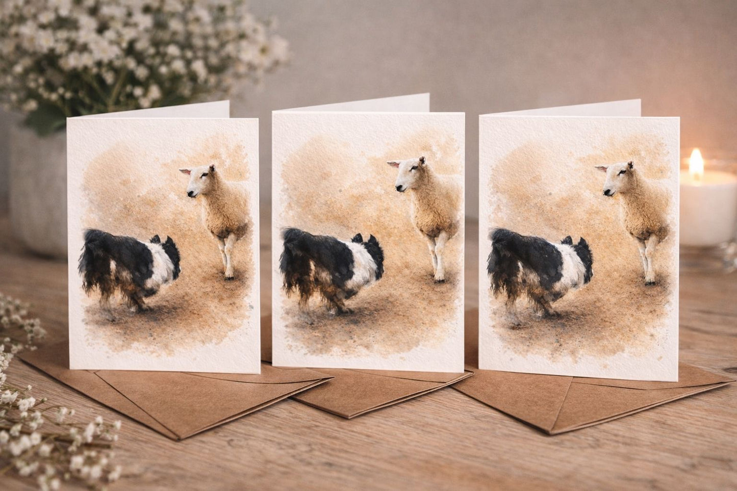 Border Collie & Sheep Watercolour Blank Card