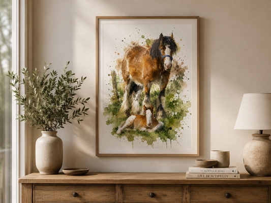Shire Horse & Foal Watercolour Print