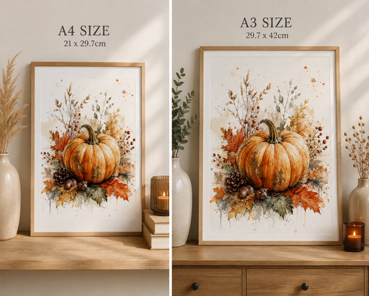 Pumpkin & Autumn Leaves Watercolour Print