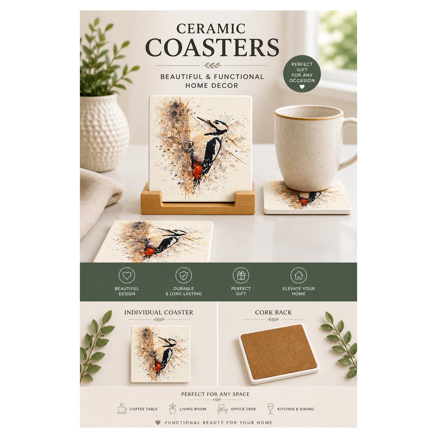 Woodpecker Ceramic Coaster