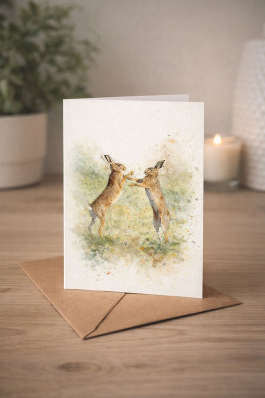 Boxing Hares Watercolour Blank Card