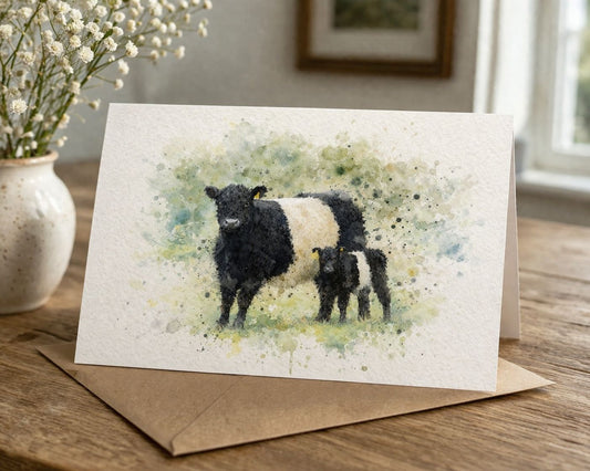 Belted Galloway and Calf Watercolour Blank Card