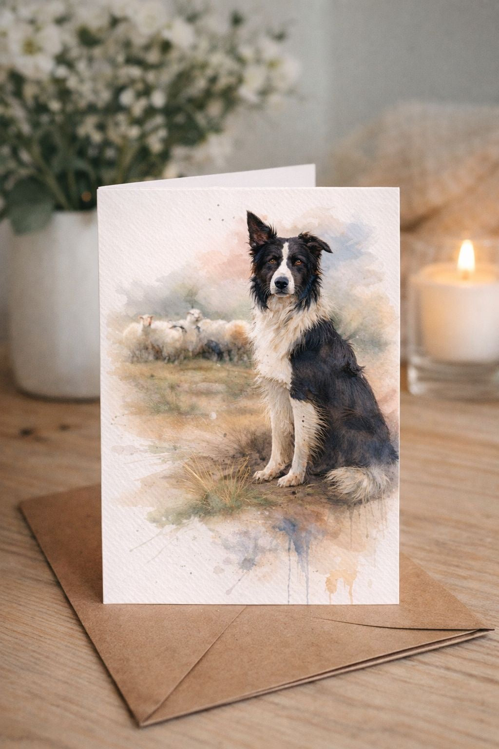 Border Collie (With Sheep Behind) Watercolour Blank Card
