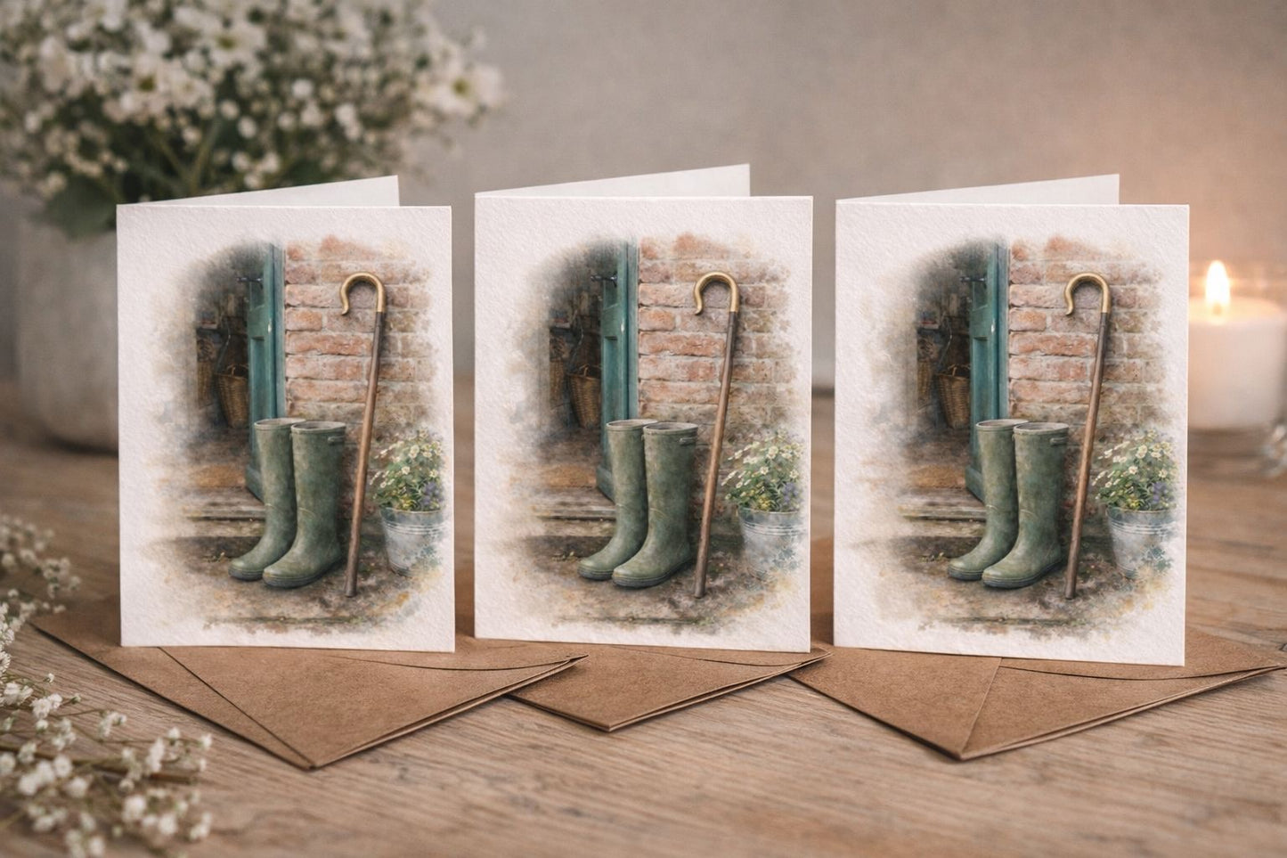 Farm Wellington’s & Walking Stick Watercolour Blank Card