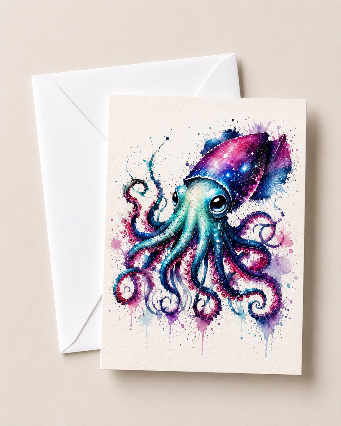 Watercolour Cosmic Squid Card